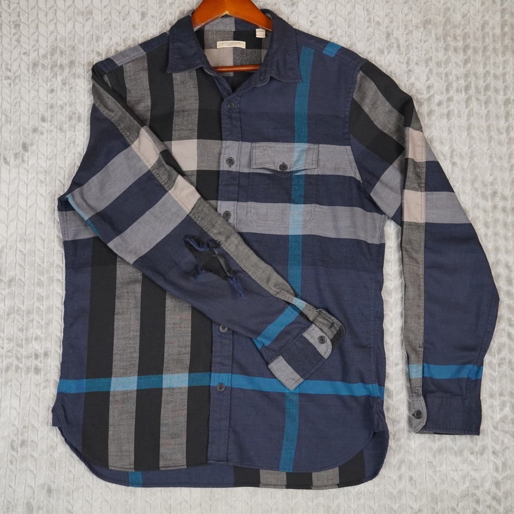 Burberry Brit Button Down Mens L Blue Grey Check Plaid Flannel - Needs Patch